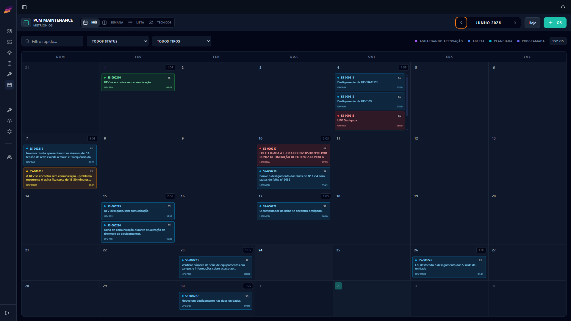 Calendário Operacional — tela da Zyron